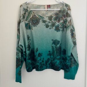 Anthropologie Pilcro Floral Teal Cashmere Sweater Boat Neck Boxy Oversized Small